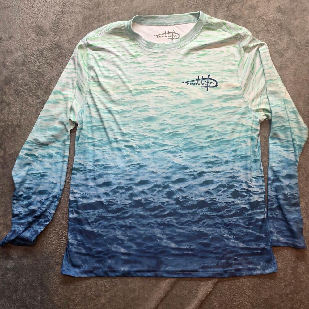 Reel Life Shirt Mens L Blue Ocean Water Long Sleeve Lightweight Fishing Tee